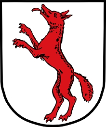 Rennertshofenská radnice a městský znak s červenou liškou
