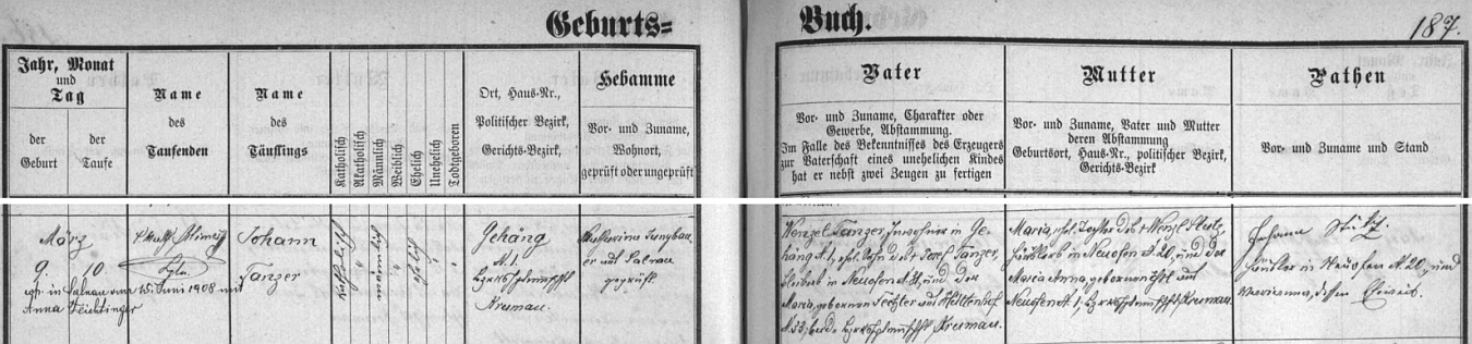 Záznam želnavské křestní matriky o jeho narození v Lázu čp. 1, kde byl podruhem jeho otec Wenzel Tanzer (syn Josefa Tanzera, "Bleibera" v Nové Peci čp. 31 a Marie, roz. Fechterové z Huťského Dvora) - matka novorozencova byla dcerou chalupníka z Nové Pece Wenzla Stutze a jeho ženy Marie Anny, roz. Eßlové z Nové Pece čp. 1