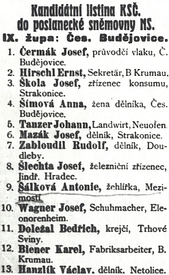 Jeho jméno s německy psanými údaji na kandinátní listině KSČ k volbám do Národního shromáždění v listopadu 1925 (na druhém místě vidíme Ernsta Hirschla)