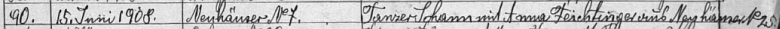 Záznam v indexu oddací matriky farní obce Želnava o jeho zdejší svatbě 15. června 1908 s Annou Feichtingerovou
