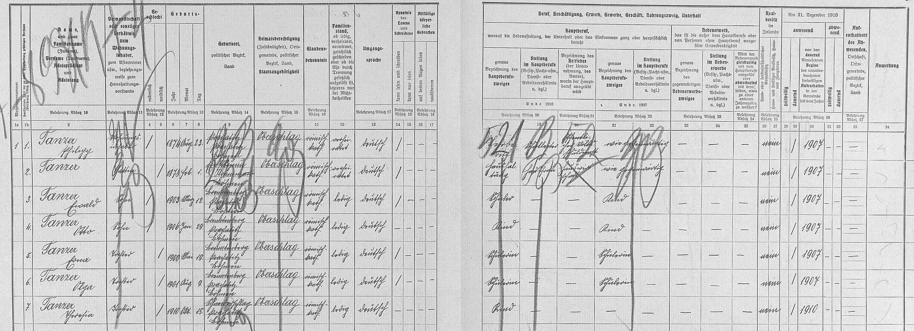 Arch sčítání lidu z roku 1910 pro školu, tj. stavení čp. 24 v Krejčovicích (Schneiderschlag), tehdy jen osadě obce Milešice (Oberschlag) k ní ovšem "přiškolené", s rodinou pana učitele Philippa Tanzera, jeho manželky Albertiny (*1. února 1878 v Arnoštově /Ernstbrunn/), dále syna Ewalda (*12. března 1903 ve Spálenci /Brenntenberg/), "našeho" Otty, jakož i tří dcer: Erny (*19. května 1900 ve Spálenci), Olgy (*9. srpna 1901 ve Spálenci) a Theresie (*15. října 1910 v Krejčovicích)