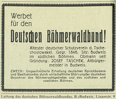 Tady jsou v inzerátu z roku 1929 hned dvě chyby: DBB nebyl založen 1848, nýbrž 1884 (Taschek, předseda od samého vzniku, se narodil v roce 1857), jeho vedení pak za republiky nesídlilo na "Linzerstraße 9", nýbrž na "Wilsonplatz 9", náměstí, pojmenovaném po americkém prezidentovi v lednu 1919 (předtím se nazývalo "náměstím císaře Viléma", poté za druhé světové války "náměstím Hermanna Göringa")