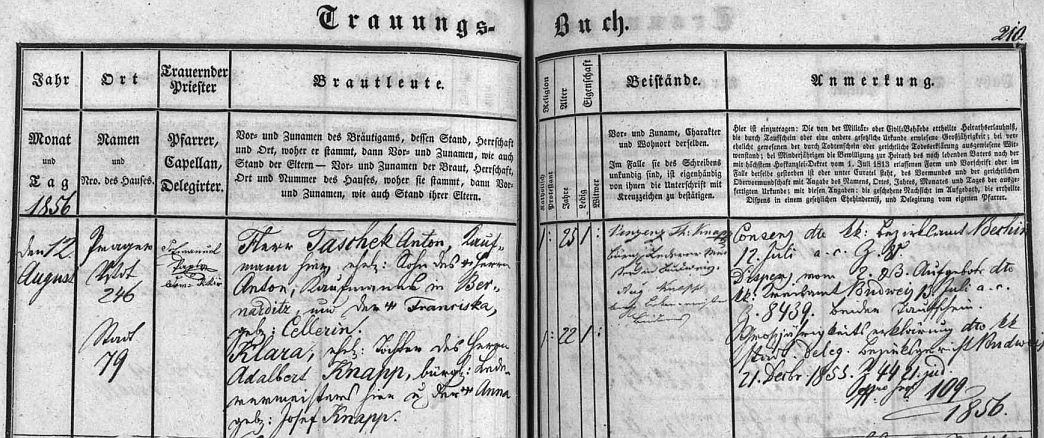 Otcova svatba se podle záznamu z budějovické Trauungs-Buch konala 12. srpna roku 1856, jméno ženichovy matky je tady psáno Franciska Cellerin, a český původ jejího syna už není nijak zmíněn