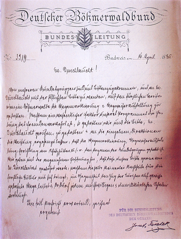 Dopis Josefa Tascheka knížeti Adolfu Josefu zu Schwarzenberg
o značení turistických cest na Šumavě z dubna 1885