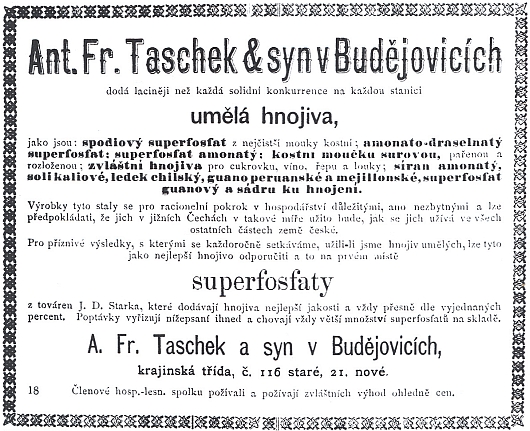 Otcův český inzerát v časopise Rolník na umělá hnojiva firmy Taschek a syn v Krajinské třídě