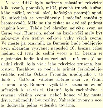 Kniha Františka Rady "Když se psalo T.G.M." zachycuje i starostovo úsilí o záchranu zvonu Bumerin,
určeného za první světové války k nucené rekvizici