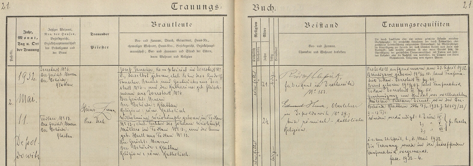 Záznam o svatbě rodičů v děpoltické knize oddaných