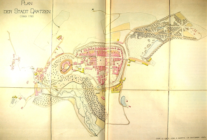 Město Nové Hrady někdy kolem roku 1780, jak je v říjnu 1804 nakreslil Jos. A. Barta - čp. 33 má starý hrad...