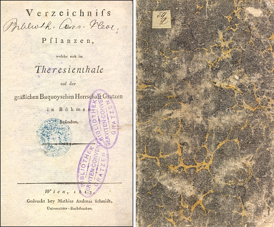 Titulní list a obálka (1813) soupisu rostlin v Terčině údolí, jak se z knihovny novohradského kláštera servitů uchovaly ve fondu Jihočeské vědecké knihovny