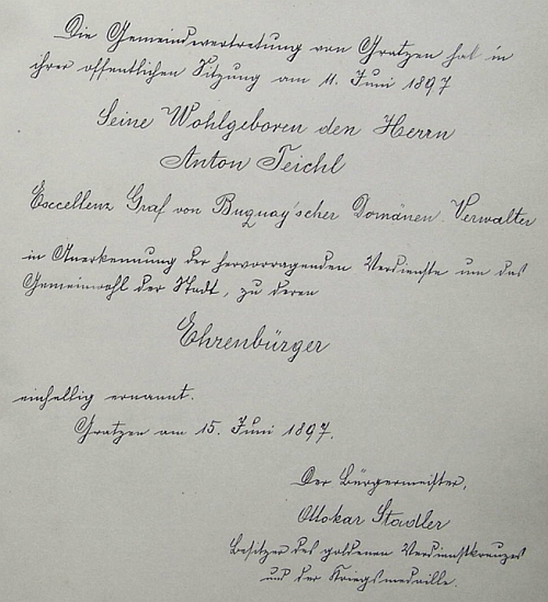 Záznam o jeho jmenování čestným občanem Nových Hradů roku 1897 v pamětní knize města