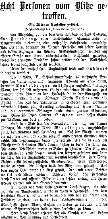 Zpráva jiného vídeňského listu o frymburském neštěstí, došlá z Českých Budějovic