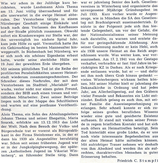 Nekrolog jeho bratra Aloise, v letech 1941-1945 vězně koncentračního tábora v Dachau, od Friedricha C. Stumpfiho