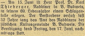 Zpráva o jeho úmrtí a datu pohřbu v budějovickém německém tisku