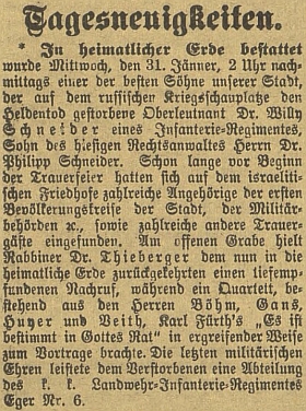Tady se s Thiebergerovým jménem setkáváme ve zprávě o pohřbu jedné z obětí první světové války na českobudějovickém židovském hřbitově v únoru 1917