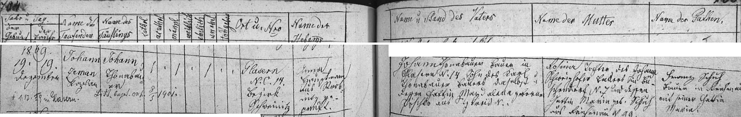 Záznam křestní matriky farní obce Žumberk o narození otcově v Klažarech s pozdějším přípisem o úmrtí tamtéž