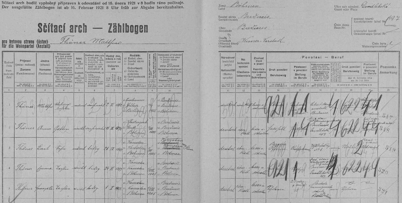 Vlastní rukou tu v českobudějovickém domě čp. 497 na Doudlebské (dnes Dukelské) ulici zaznamenal na archu sčítání lidu z roku 1921 data svá (označil se jako penzionovaný profesor německého učitelského ústavu v Českých Budějovicích), své ženy Anny, narozené 11. března 1870 v obci Klostergrab (dnes Hrob, okr. Teplice), tehdejší okres Duchcov (Dux), syna Karla, abiturienta reálky a nadporučíka čs. pěšího pluku č. 1, narozeného 28. září 1895 v Chomutově (Komotau), jakož i dcer Emmy, narozené 24. června 1897 v Chomutově, a Franzisky, narozené rovněž v Chomutově dne 1. května roku 1902