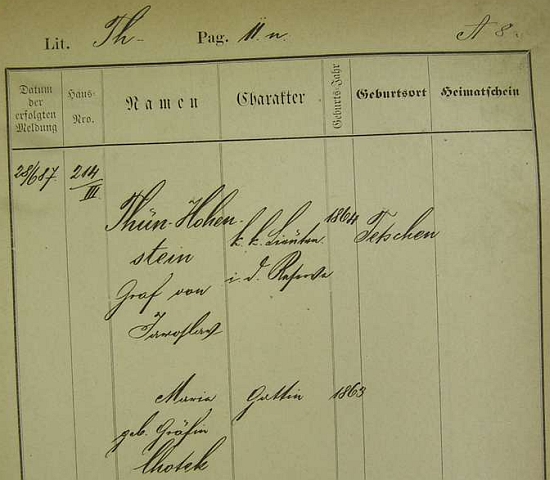 Pobytová přihláška pražského policejního ředitelství pro manželský pár Jaroslava hraběte z Thun-Hohenstein a Marie, roz. hraběnky Chotkové z roku 1887, tedy tři roky předtím, než se jim narodil syn Franz Anton