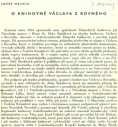 Úvod článku Josefa Hejnice "O knihovně Václava z Rovného"