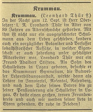 Nekrolog v Budweiser Zeitung připomíná i skutečnost, že byl "přítelem Adalberta Stiftera"