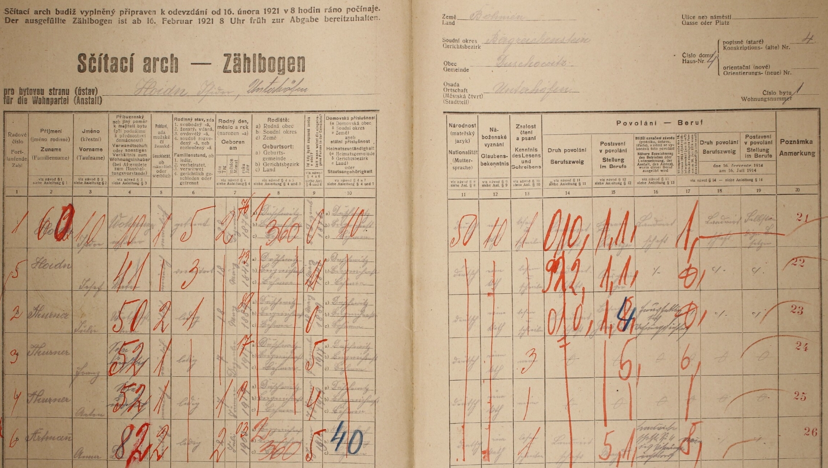Arch sčítání lidu z roku 1921 pro dům čp. 4 v Dolních Dvorcích...