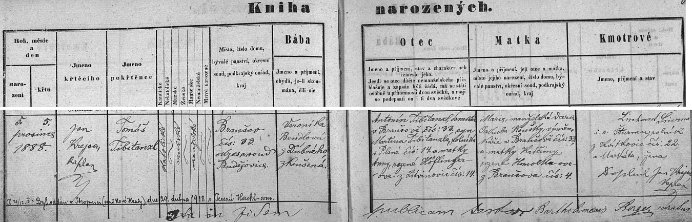 Záznam o jeho narození v křestní matrice farní obce Dubné