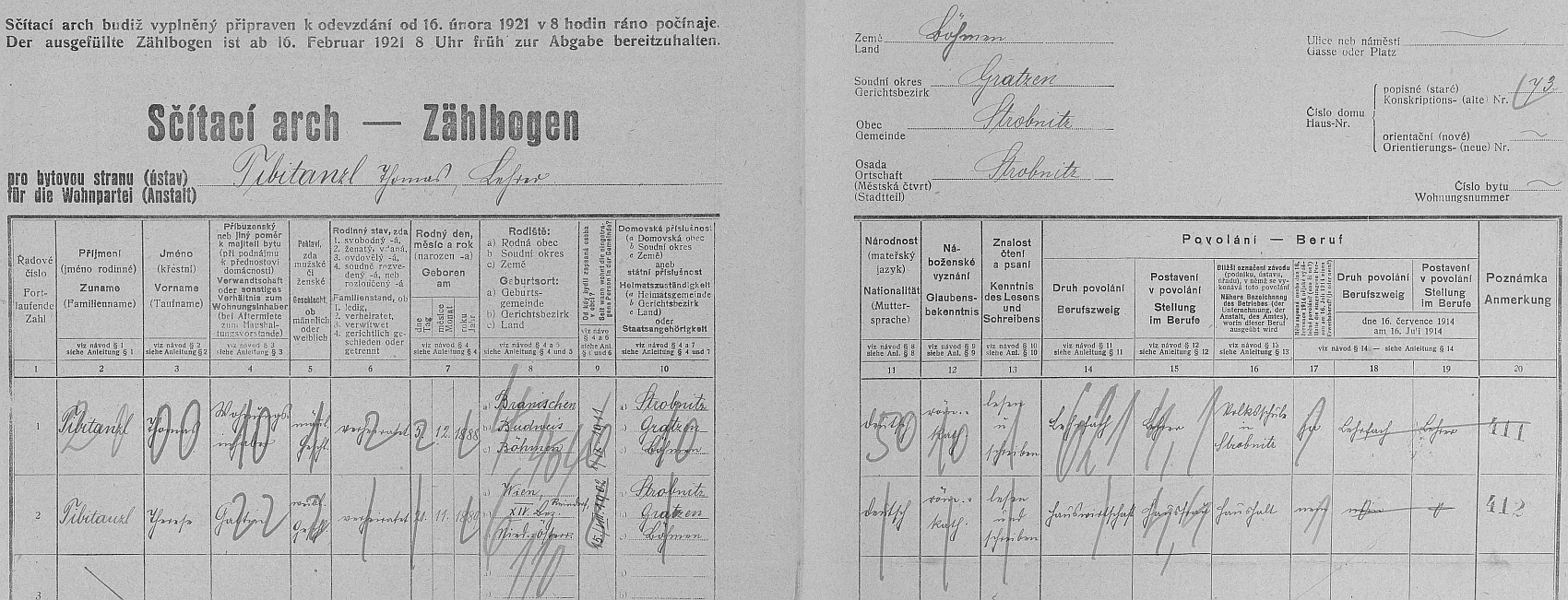 Arch sčítání lidu z roku 1921 pro dům čp. 73 v Horní Stropnici, kde bydlel se svou ženou a oba uvedli, že jsou národnosti německé