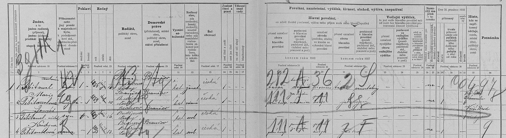 Arch sčítání lidu z roku 1910 pro stavení čp. 33 v Branišově i s ním