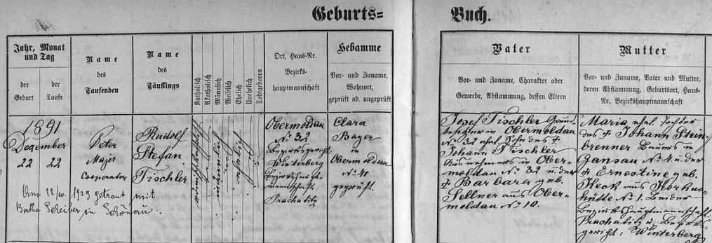 Podle záznamu v matrice obce Horní Vltavice narodil se tu 22. prosince roku 1891 a byl téhož dne pokřtěn jménem Rudolf Stefan Tischler - otec Josef Tischler, majitel zdejší usedlosti čp. 32 byl synem Johanna Tischlera a Barbary, roz. Sellnerové z Horní Vltavice, matka Maria byla dcerou Johanna Steinbrennera z Pravětína čp. 4 a jeho ženy Ernestiny, roz. Keckové z Korkusovy Huti čp. 1 - přípis zaznamenává i sňatek Rudolfa Tischlera s Berthou Scheiberovou v Pěkné (tehdy Šenava) 22. října roku 1929