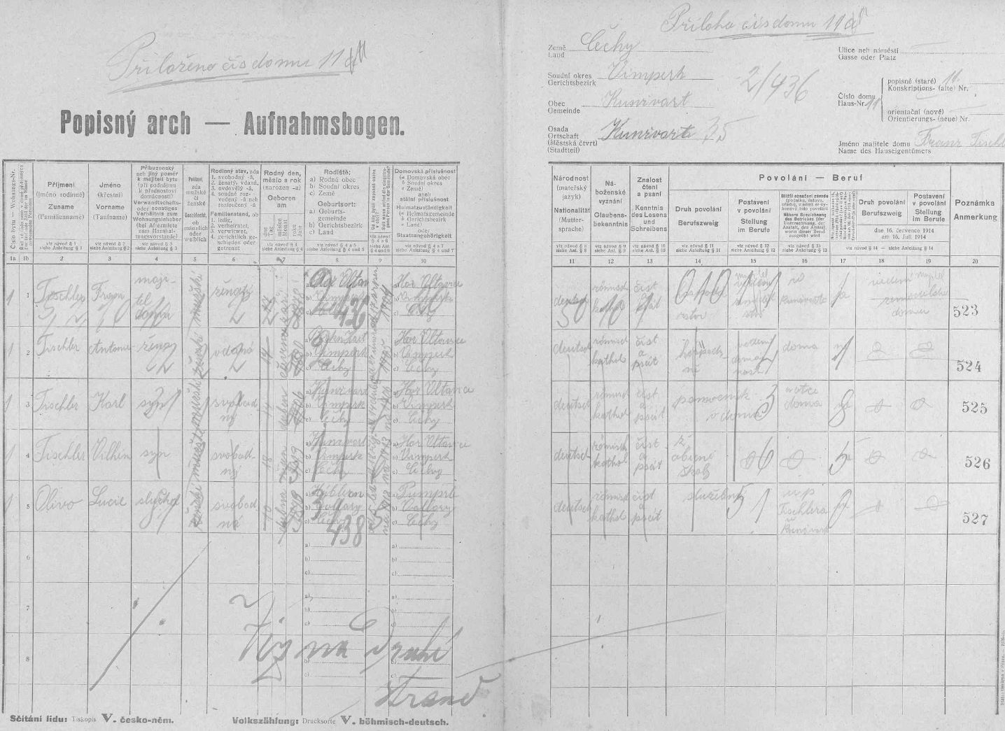 Popisný arch sčítání lidu z roku 1921 pro stavení čp. 11 v Kunžvartu