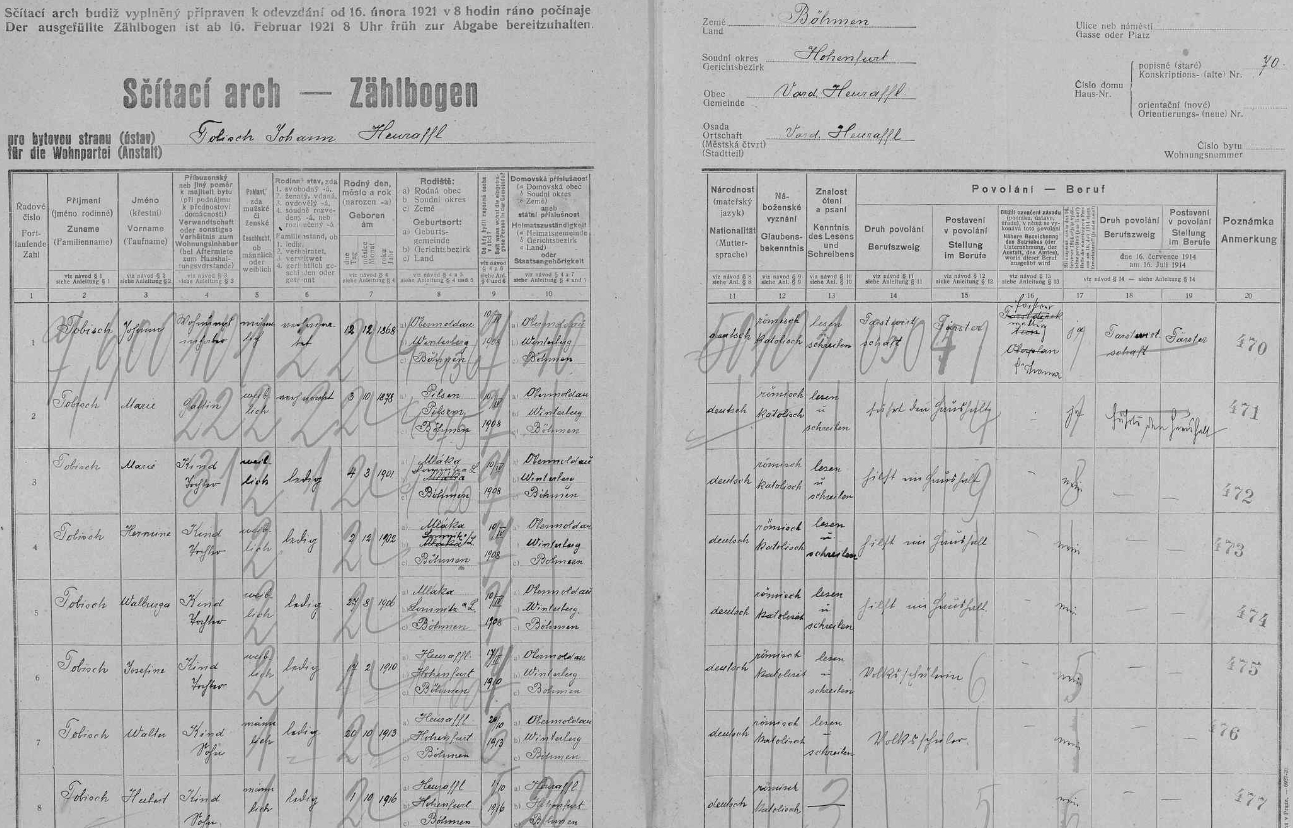 Arch sčítání lidu z roku 1921 pro stavení čp. 70 v Přední Výtoni s dědečkovou rodinou