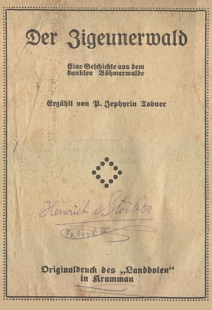 Titulní list výtisku jeho "vyprávění" o Cikánském lese ze sbírek Jihočeské vědecké knihovny
