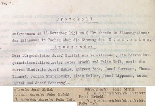 Úvod protokolu z prvního zasedání tachovské městské rady z listopadu 1931 a záznam v Adresáři Republiky československé z roku 1938