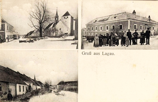 Pohlednice Slavkova z roku 1907, škola je zachycena vlevo nahoře