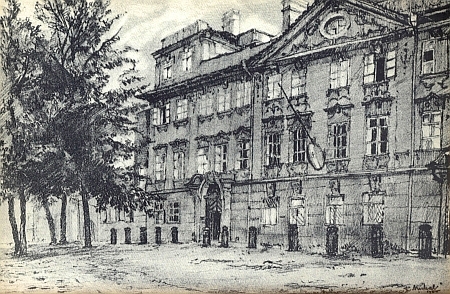 Buquoyský palác v Praze, kde Tomaschek bydlil v letech 1806-1824, na kresbě R. Michaela