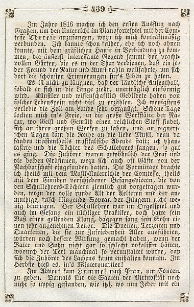 Počátek pasáže o pobytu v Nových Hradech z jeho pamětí, jak je otiskl almanach Libussa