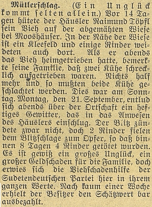 Dvě zprávy v německém tisku zaznamenaly v říjnu 1936 jeho smůlu a ztrátu dobytka, o pomoci Sudetoněmecké strany se zmiňuje jen ten budějovický