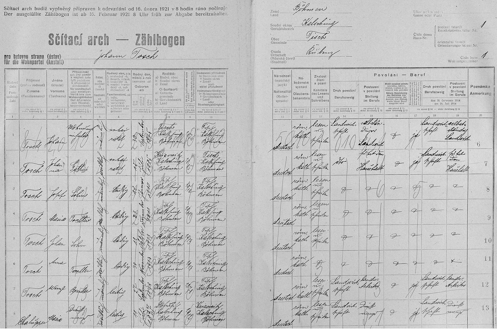 Arch sčítání lidu z roku 1921 pro dům čp. 1 v Rovenci s rodinou Johanna Tosche