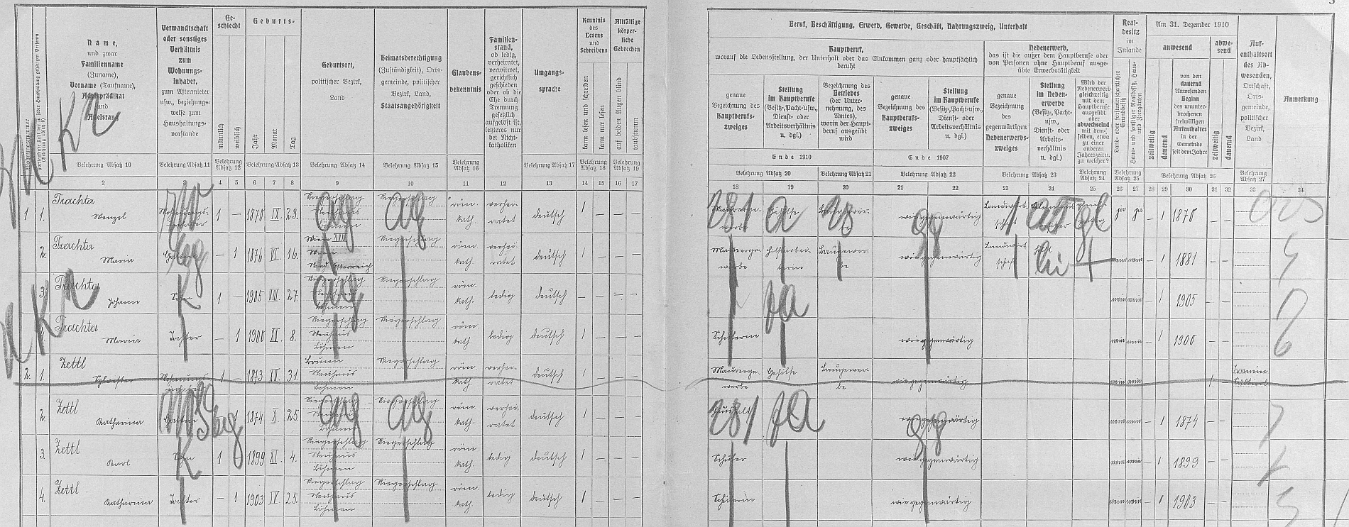 Arch sčítání lidu z roku 1910 pro stavení čp. 102 v Lodhéřově s rodinou Trachtovou i s ním