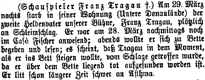 Tato zpráva o úmrtí v regionálním periodiku (z Braunau am Inn) zmiňuje dlouholeté těžké astma, jímž herec Tragau trpěl