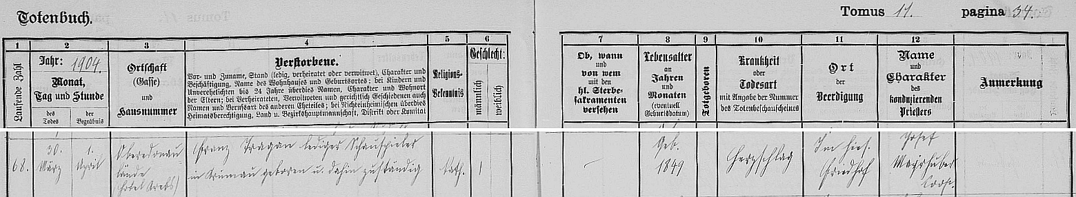 Záznam o jeho skonu v úmrtní matrice linecké Stadtpfarre