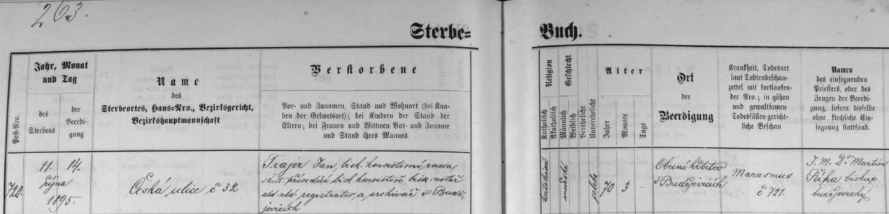 Český zápis v českobudějovické knize zemřelých o jeho skonu dne 11. října roku 1895 a pohřbu tři dny nato, jehož církevní obřady konal sám biskup Dr. Martin Říha