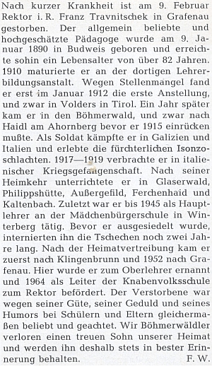 Nekrolog na stránkách krajanského měsíčníku připomíná i jeho dvouletou internaci po válce a učitelské působení v Grafenau