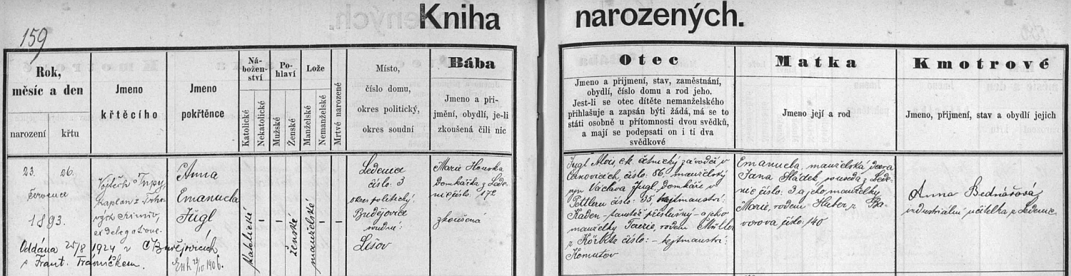 Český záznam ledenické křestní matriky o narození jeho ženy (její otec byl z Petler /Bettlern či Pettlern/ na Chomutovsku, matka z Ledenic) s pozdějším přípisem o její českobudějovické svatbě "s Frant. Trávníčkem"