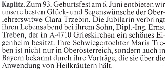 Přání k 93. narozeninám její tchyně Clary Trzebinové, vdově po českobudějovickém řídícím učiteli Karlu Trzebinovi, rodáku ze Strýčic