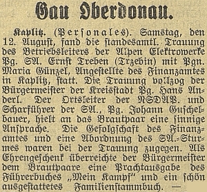 Zpráva o svatbě s Marií Günzelovou v českobudějovických německých novinách...