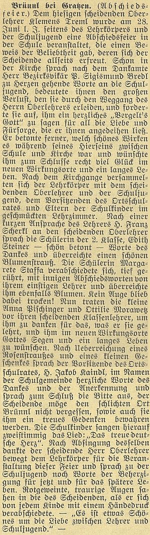 Obsáhlá zpráva o jeho rozloučení se školou v Dobré Vodě u Nových Hradů v českobudějovickém německém listu