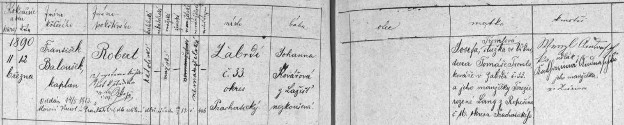 Záznam o jeho narození v Zábrdí čp. 33 a křtu v kostele sv. Mikuláše v Lažišti, kam Zábrdí farností náleží