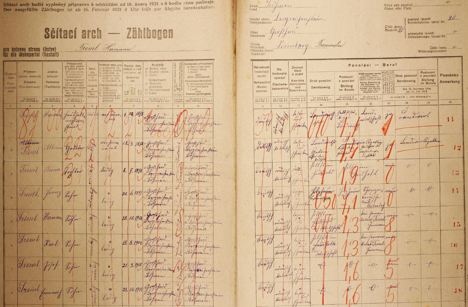 Arch sčítání lidu z roku 1921 pro dům č. 20 v Tremmeln s rodinou Tremlovou včetně otce Hermanna