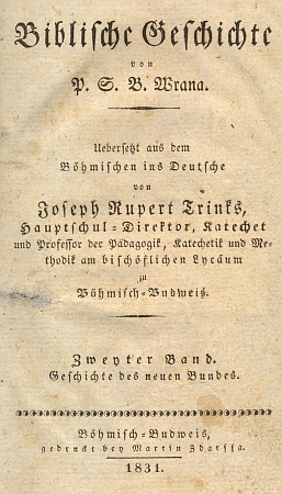 Titulní listy (1831) jeho dvoudílného překladu Wranovy "Hystorye biblické"