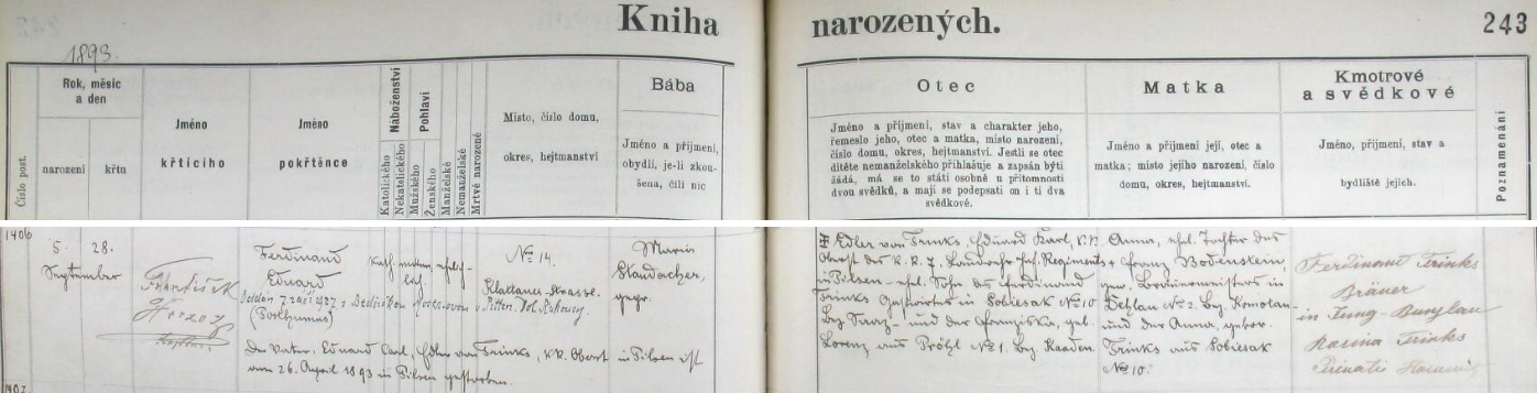 Německy psaný záznam plzeňské křestní matriky vypovídá o jeho narození dne 5. září roku 1893 v Plzni, Klatovská ulice čp. 14, jakož i následném křtu 28. září téhož roku jménem Ferdinand Eduard Trinks (s poznámkou "posthumus", tj. pohrobek) - chlapcův otec Eduard Karl šlechtic von Trinks, syn Ferdinanda Trinkse, hostinského v Soběsukách (Sobiesak) čp. 10 (Soběsuky jsou dnes částí obce Chbany, okr. Chomutov), a jeho ženy Franzisky, roz. Lorenzové ze vsi Prahly (Pröhl), bývalý okr. Kadaň (Kaaden), zemřel totiž už 26. dubna 1893 jako plukovník (Oberst) c.k. 7. zeměbraneckého pěšího pluku v Plzni, matka novorozencova Anna byla dcerou Franze Bodensteina, pivovarnického mistra v Dolanech (Dehlan) čp. 2, okr. Chomutov (Komotau), a Anny, roz. Trinksové ze Soběsuk čp. 10 - pozdější český přípis hovoří o svatbě Ferdinanda Eduarda Trinkse dne 7. září roku 1927 "s Bedřiškou Moserovou v Pitten, Dol. Rakousy"